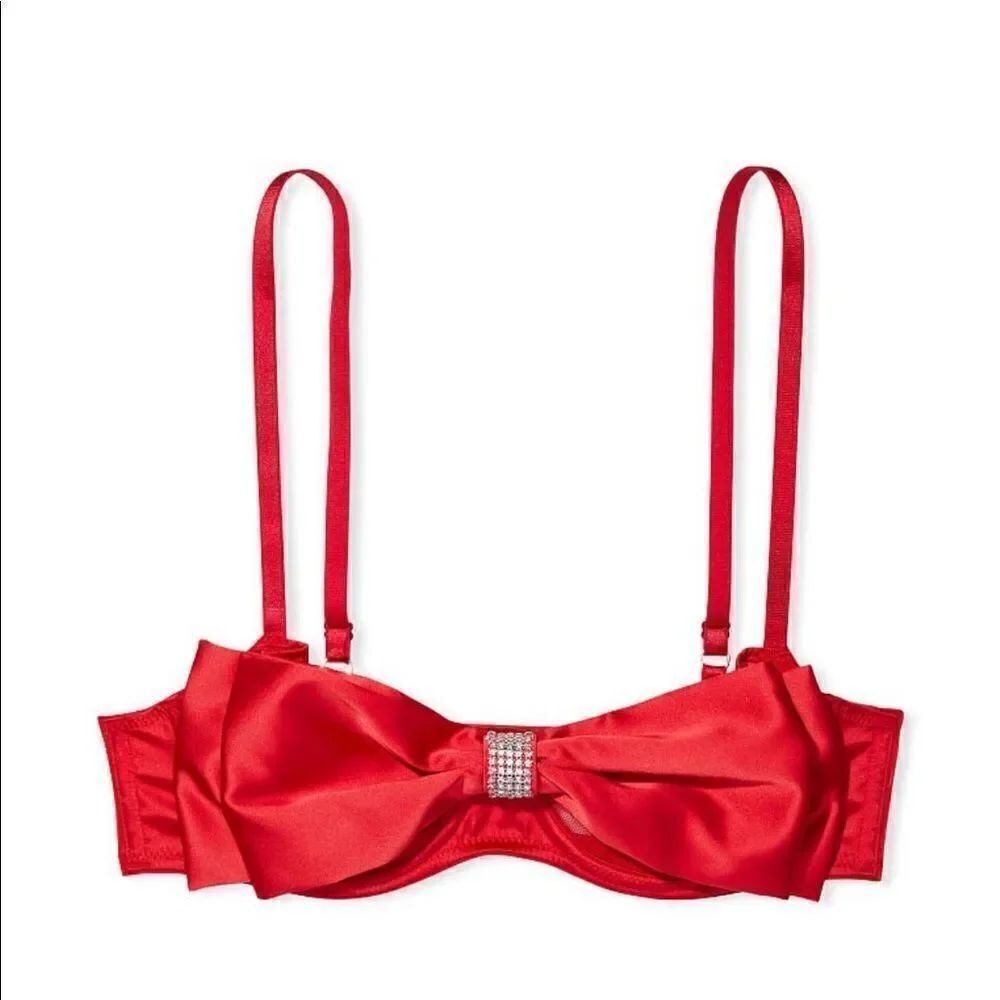 Victoria’s Secret Holiday Red Satin Bow Bra | Rhinestone Detail | 36D | NWT